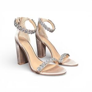 Badgley Mischka Champagne Pink Satin Rhinestone Heels Ankle Strap Womens 8.5‎